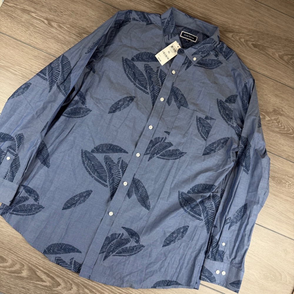 Club Room Mens Button Down Shirt Leaf Print Chambray Blue XL